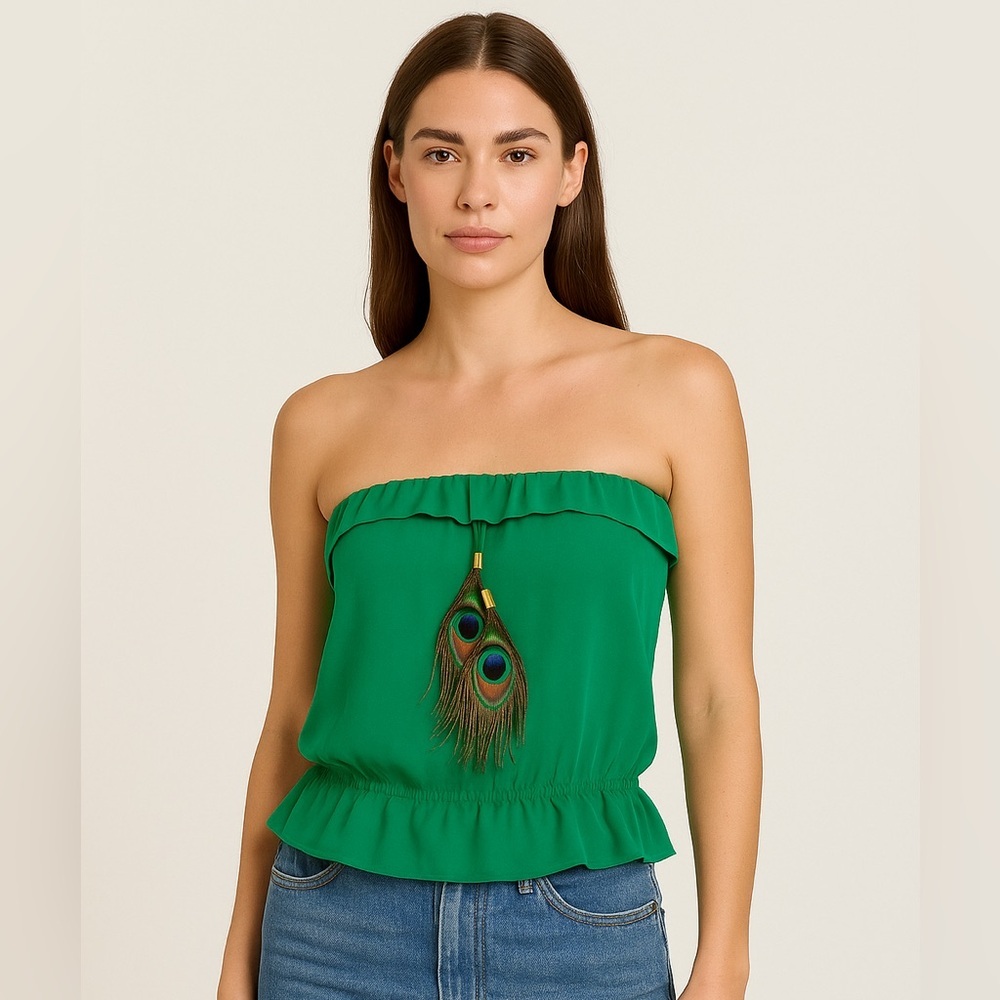 Karina Grimaldi Green Strapless Ruffled Peplum Top with Peacock Feather Detail